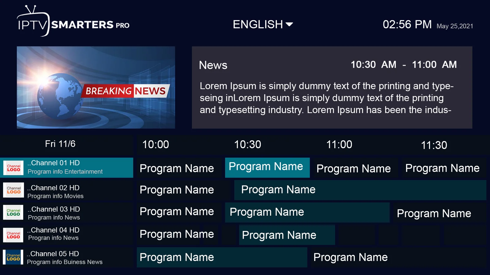 Tivora4k Electronic Program Guide (EPG) with live TV schedule